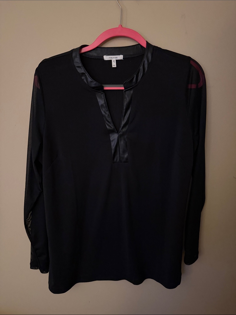 Maurices Black Long Sleeve V-Neck Top with Satin Trim